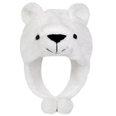 Imagem de Lacheln Chapéus de pelúcia de animais para meninos, meninas, mulheres, homens, festa de Halloween, gorro macio e quente para adolescentes e adultos, Urso branco, M