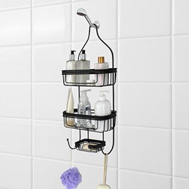 Imagem de Splash Home Porta de banheiro ou suporte de cabeça de chuveiro com dois organizadores de cesta e pratos para prateleiras de armazenamento para shampoo, sabonetes condicionados, 60 x 38 cm preto