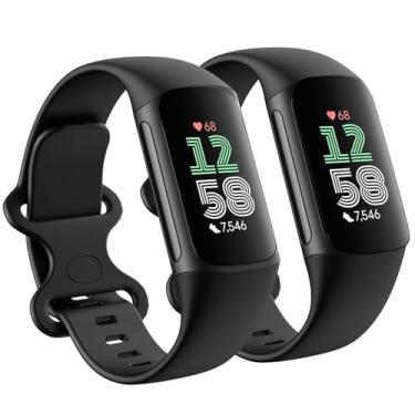 Imagem de Pacote com 2 pulseiras de substituição compatíveis com Fitbit Charge 5/Fitbit Charge 6 para mulheres e homens, macias, respiráveis esportivas ajustáveis (grande de 17 a 23 cm, preto/preto)