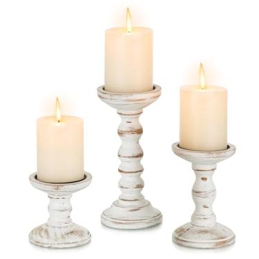 Imagem de Romadedi Castiçais de madeira para velas de pilar – Conjunto de 3 castiçais de madeira de casa de fazenda alta, suporte de vela rústico para lareira manto prateleira mesa decoração de casa, marrom