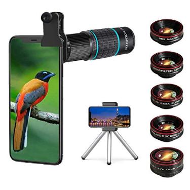 Imagem de Kit de lentes para câmera de celular, teleobjetiva universal de zoom de 15 em 1 com zoom de 22 x e 0,63 ângulos de largura + Macro de 15 x + 198° olho de peixe + 2 telefotografias + caleidoscópio + CPL/Starlight/Eyemask/tripé/obturador remoto, para smartphone iPhone, Preto