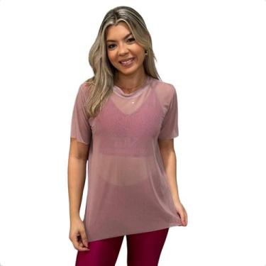 Imagem de Blusa Tule Manga Curta Estampada Feminina Moda Fitness Blusão Traspare