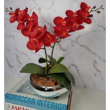 Imagem de Arranjo Com 2 Orquídeas Vermelha Vaso Prata 22cm - FLORESCER DECOR