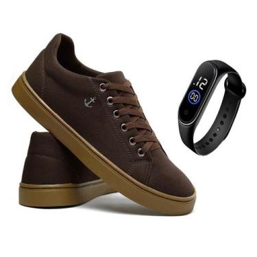 Imagem de Kit Sapatênis Marrom Masculino Casual Via Livre Com Relógio, 44, Marro