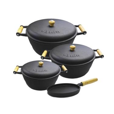 Imagem de Jogo Panela Ferro Alça De Madeira Tampa E Frigideira Nº11