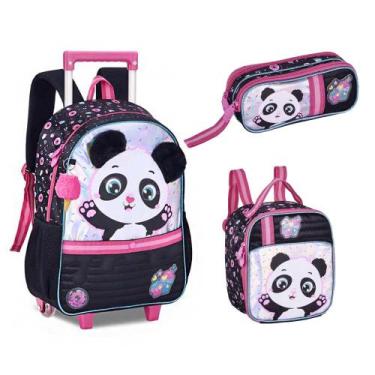 Imagem de Kit Mochila Escolar De Rodinha + Lancheira + Estojo Panda Clio