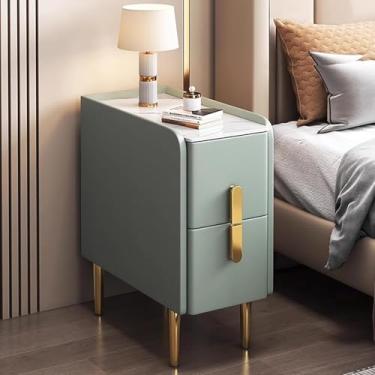 Imagem de Mesa de cabeceira fina para espaços pequenos, mesa lateral estreita, moderna e minimalista com acabamento em couro sintético e pernas de metal, armário de armazenamento de gaveta dupla para quartos e