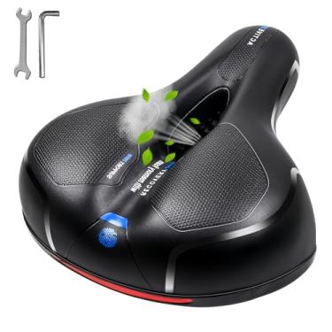 Imagem de Almofada de assento de bicicleta confortável para homens e mulheres, Mjkeomo Assento de bicicleta largo confortável com duplo choque, selim de bicicleta impermeável para bicicletas infantis,