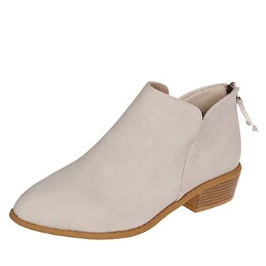 Imagem de JITUUE Botas de cano curto para mulheres, vestido casual feminino, botas de salto baixo. Sapatos modernos com design de salto grosso com corte em V, Off-white, 35