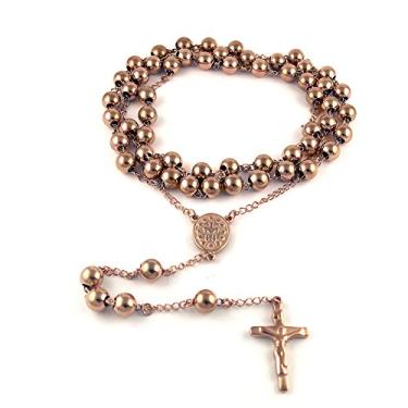 Imagem de Colar de cruz de rosário de aço inoxidável para homens, meninos, medalhão de cruz de crucifixo sagrada fé, colar de contas católico, colar em Y, colar longo ouro rosa cor prata 6 mm 8 mm 10 mm, Metal