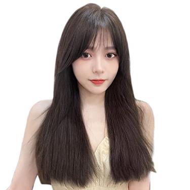 Imagem de Lindo Perucas Longas Retas Para Mulher Peruca Frontal de Renda Preta Natural Cabelo Humano Peruca Longa Preta Reta de Cabelo Humano Com Franja (19"/48cm) Ajustável