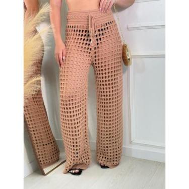 Imagem de Calça Saída de Praia Elegante Ponto Croche Pantalona Furadinha Rendada