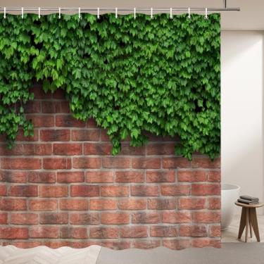 Imagem de NYJSMYG Cortinas de chuveiro de parede de tijolos de fazenda com plantas de folhas verdes vista de primavera folhas de videira rústica casa de fazenda tema country decoração de banheiro conjuntos de