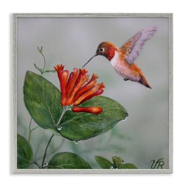 Imagem de Stupell Industries Design de parede giclée emoldurado com beija-flor vermelho e flor cinza por Valerie Rogers, 43 x 43 cm