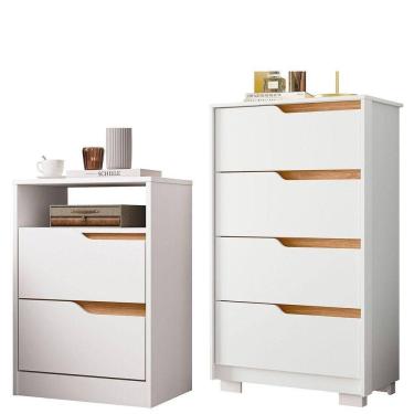 Imagem de Kit Cômoda 4 Gavetas E Mesa De Cabeceira Sara 2 Gavetas Flex Branco/freijó