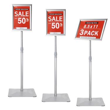 Imagem de Golemas Suporte de sinalização ajustável para exibição, com base de ferro atualizada, suporte de sinalização de piso de pedestal para publicidade externa ou interna (8,5 x 11, prata 3 unidades)
