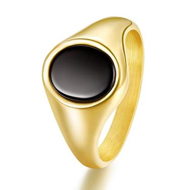 Imagem de TRUMIUM Anéis de sinete banhados a ouro 18K para homens e mulheres ônix preto incrustado prata ouro alianças de casamento leve anel grosso declaração conforto tamanho 7-13, Aço inoxidável, Ônix
