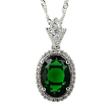 Imagem de RIZILIA Pingente com corrente de 45,72 cm e corte oval CZ [5 cores disponíveis] banhado a ouro branco, simples moderno elegante, Esmeralda sintética