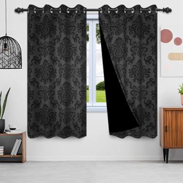 Imagem de DORCEV Cortinas blecaute floral damasco preto vintage clássico padrão de flores cortinas de janela estilo tribunal retrô conjuntos de tratamento de janela para sala de estar quarto cozinha cortinas