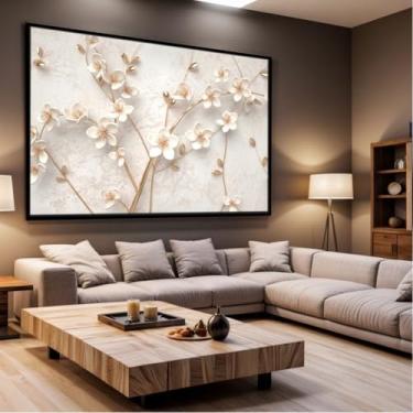 Imagem de Quadro Decorativo com Moldura Sala 90x60 Flora Branco Luxo Grande Horizontal