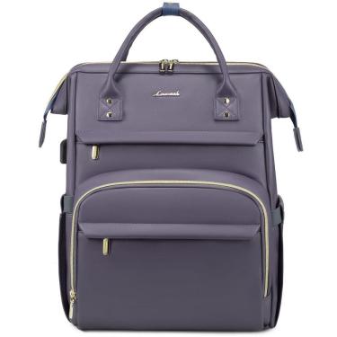 Imagem de Mochila para laptop LOVEVOOK de couro de 18 polegadas para mulheres cinza roxa