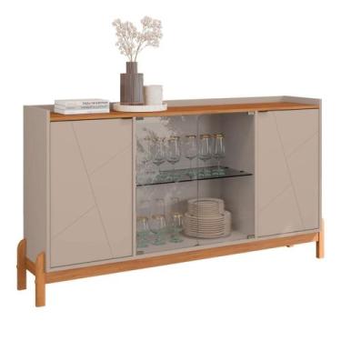 Imagem de Buffet 4 Portas com Porta de Vidro e Prateleiras Multiuso Pé de Madeir