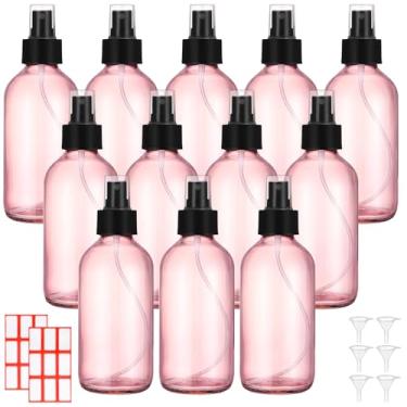 Imagem de Norme 12 frascos de spray de vidro de 227 g com funis e rótulos, frascos de spray vazios para cosméticos recarregáveis com recipientes pulverizadores para soluções de limpeza de óleo essencial (rosa