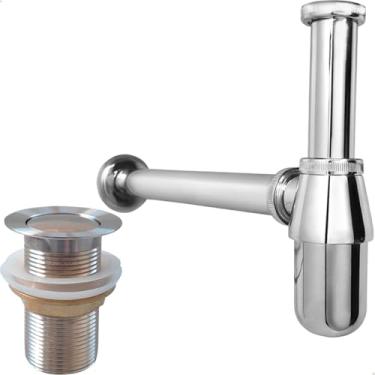 Imagem de Dona D Cor, Kit Sifão Copo Cromado Metal 1 1/4 E Valvula Click Inox 40mm Pia Lavatório Cuba Kit Banheiro Sifão Aparente Luxo