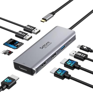 Imagem de Estação de ancoragem USB C, adaptador de monitor duplo, adaptador USB-C para HDMI duplo, adaptador DisplayPort 9 em 1, leitor de cartão SD TF 2USB 2.0, 1 USB 3.0, 100W PD para Windows Dell XPS, Lenovo Ioga, etc