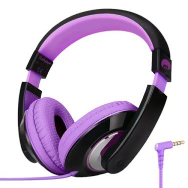 Imagem de rockpapa Fones de ouvido infantis confortáveis, leves, para crianças, meninos, meninas, adolescentes, 3,5 mm, para leitor de CD, DVD, tablet, telefone, viagem, preto/roxo