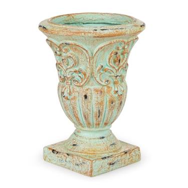 Imagem de Sungmor Vaso de troféu de resina vintage, urna de jardim com design em relevo de 33 cm com orifício de drenagem, vaso decorativo para plantas internas e externas, vaso de flores chique gasto