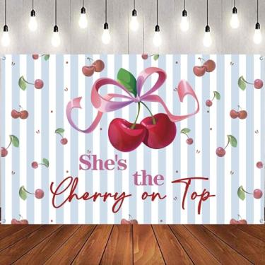Imagem de Faixa de fundo She's The Cherry on Top, fruta doce, chá de bebê, pano de fundo, tecido durável, cereja, revelação de gênero, decorações de festa de aniversário, adereços de cabine de fotos 1,8 x 1,2 m