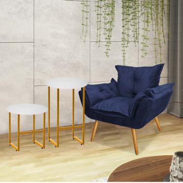 Imagem de Kit Poltrona Opala Com 2 Mesas Will Ferro Dourado Tampo Redondo Branco Sintético Azul Marinho