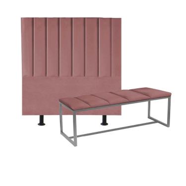 Imagem de Kit Cabeceira Carla E Calçadeira Industrial 140cm Casal Box Ferro Prata Suede Rose