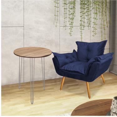 Imagem de Kit Poltrona Opala Com Mesa Roma Ferro Prata Tampo Redondo Castanho Corino Azul Marinho