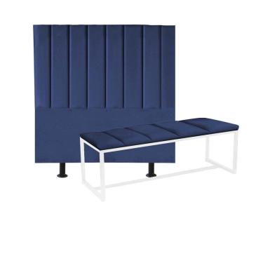 Imagem de Kit Cabeceira Carla E Calçadeira Industrial 195cm King Size Box Ferro Branco Sintético Azul Marinho