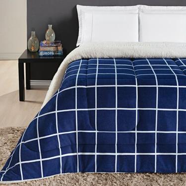 Imagem de Coberdrom Cobertor Brooklyn Queen Sherpa Manta Flannel Quadriculado - Azul Marinho
