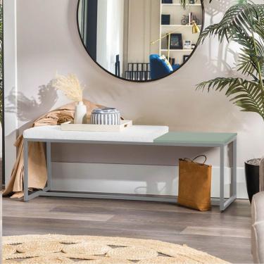 Imagem de Banco Recamier Puff 140cm Industrial Prata Corino Branco Tampo Quadrado Mdf Verde