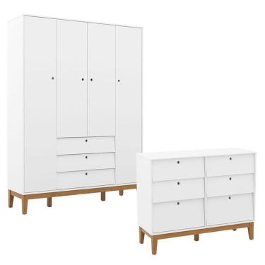 Imagem de Cômoda 6 Gavetas E Guarda Roupa Unique 4 Portas Branco Soft Eco Wood - Matic