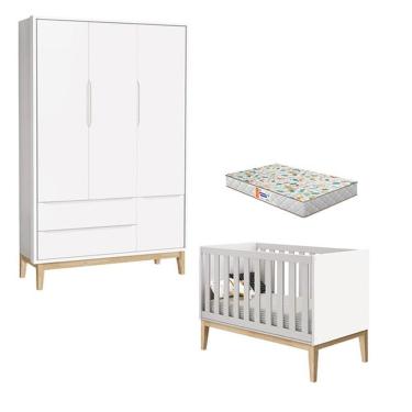 Imagem de Berço Americano E Guarda Roupa 3 Portas New Classic Branco Com Pés Madeira E Colchão Gazin - Reller