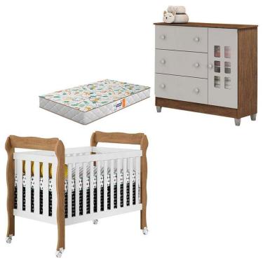 Imagem de Kit Berço Americano Lila e Cômoda Mariah em MDF com Colchão Incluso Branco Acetinado Amadeirado