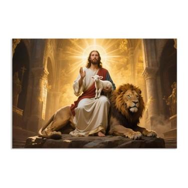 Imagem de SDYJ6GSW Arte de parede Jesus e leão Cordeiro de Deus imagens pôsteres arte para sala de estar quarto decoração igreja 60 x 40 cm (24 x 16 pol) pôster