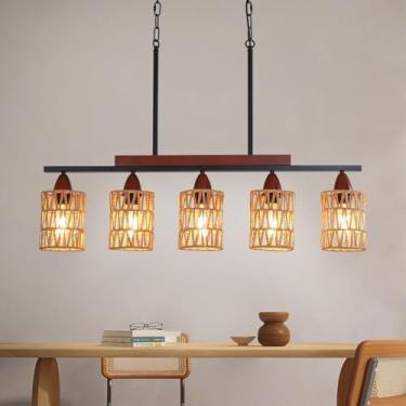 Imagem de Axamate Lustre Pendente De Vime Boho 34 Pol., Madeira E 5 Luzes Retangulares, Estilo Fazenda, Para Cozinha, Sala Jantar Estar