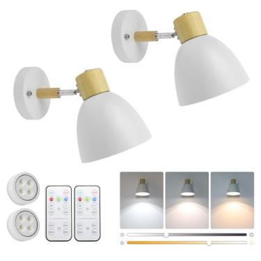 Imagem de KELUOLY Conjunto De Duas Arandelas Parede Modernas Operadas Por Bateria, Com Controle Remoto, Luz Regulável Giratória Madeira Branca, Luminárias Montagem Interna Sem Fio Para Quarto, Lareira, Sala E