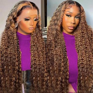 Imagem de Blomas Peruca De Renda Frontal Com Ondas Profundas, 18 Polegadas, 200% Densidade, Loiro Mel, 13X6, Cabelo Humano, P4/27, Mechas, Ombré Hd, Transparente, Pré-Depilada, Cacheada, Para Mulheres