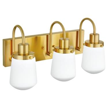 Imagem de Yaohong Luminárias Para Banheiro, 3 Luzes Douradas Penteadeira Com Cúpulas De Vidro Leitoso, Modernas Sobre Espelho, Armário Sala Estar E Varanda, 16,5 Pol.
