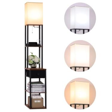 Imagem de Gupuzm Luminária De Chão Com Mesa, 2 Usb, 1 Tomada E Gaveta, Lâmpada Led 3 Temperaturas Cor (9 W), Mesa Cabeceira Para Quarto, Prateleiras Exposição Sofá Da Sala Estar (Marrom-9)