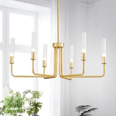 Imagem de SM Saint Mossi Lustre Gold Wagon Wheel Para Sala De Jantar, Luminária Pendente Moderna Com Cúpulas Vidro Estar, 6 Luzes