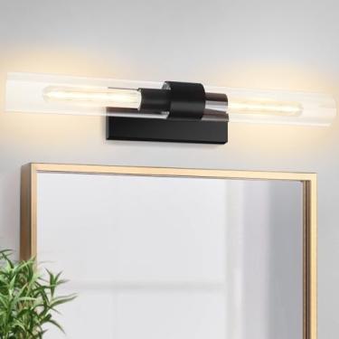 Imagem de Acxcoo Arandelas De Parede Tubo Vidro Acxcoo, Luminárias 24 Pol. Para Banheiro, Duplas 2 Luzes, Luzes Iluminação Espelho, Quarto, Corredor (Incluindo Lâmpadas Extras) - Preto Fosco