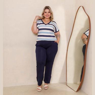 Imagem de Conjunto Blusa Listrada Manga Curta e Calça Comprida Plus Size - Rosan